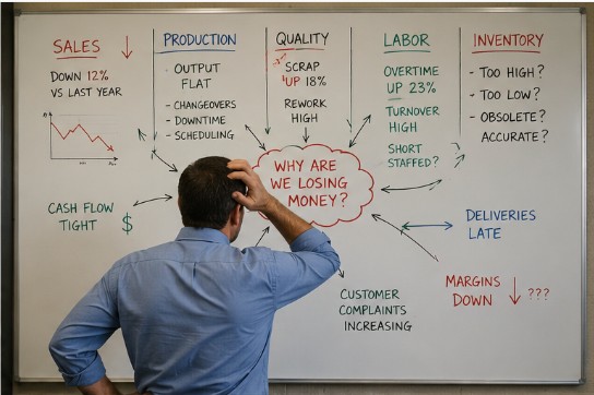 Manufacturing leader analyzing margin leaks on whiteboard